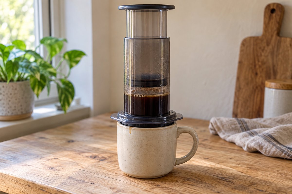 An upright transparent AeroPress-style brewer rests securely on a ceramic mug.