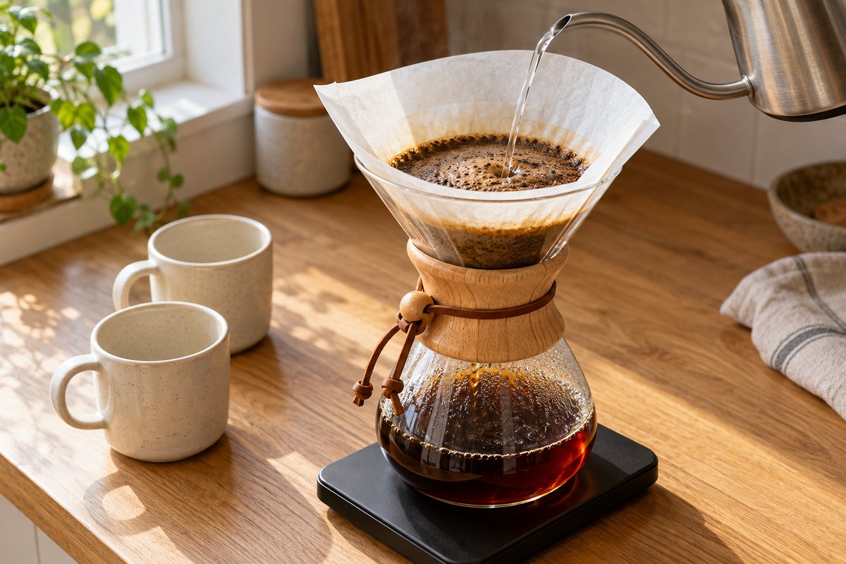 A gooseneck kettle pours into a paper-lined Chemex on a scale, with two mugs beside it.