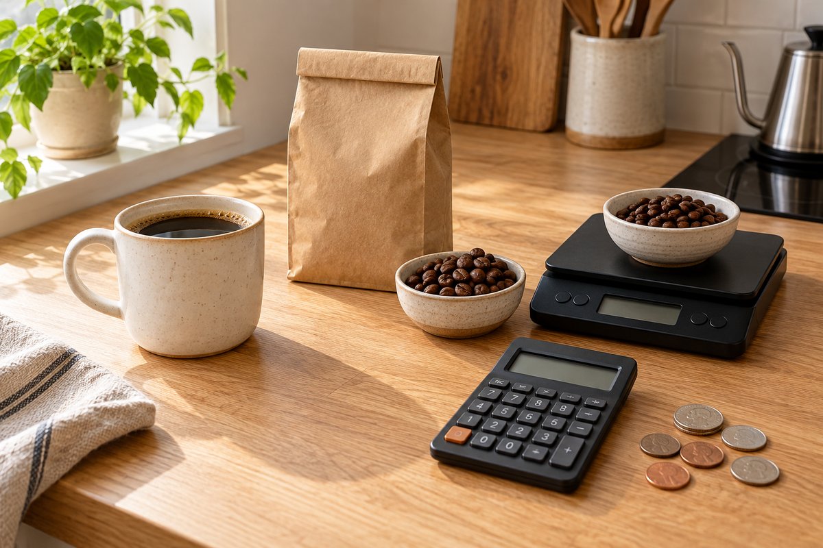 A mug of coffee, a plain coffee bag, beans on a scale, a pocket calculator, and coins.