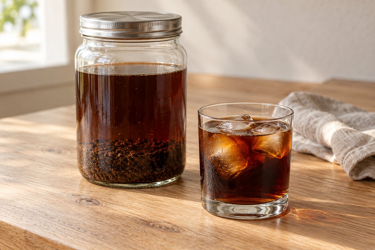 A covered cold-brew jar with grounds at the bottom stands beside a glass of cold coffee over ice.