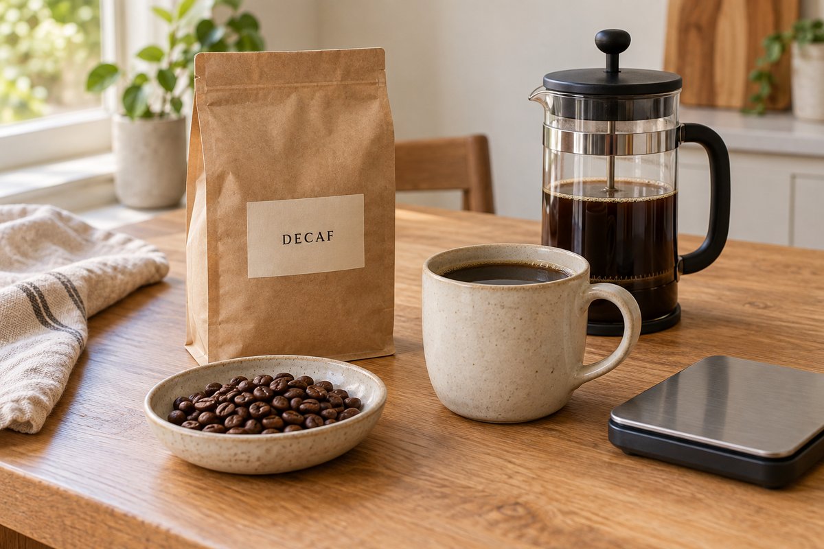 A bag labeled Decaf beside a cup of black coffee, roasted beans, a French press, and a kitchen scale.