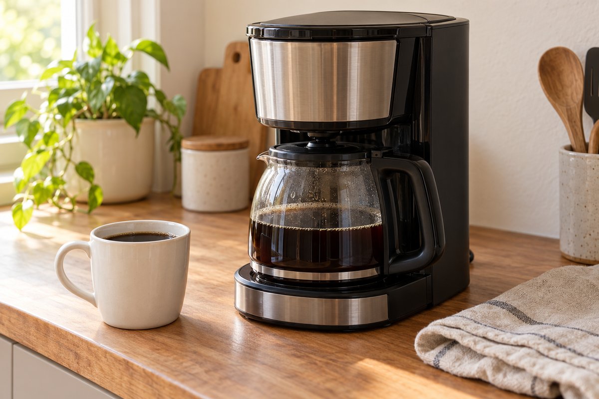 A glass coffee carafe sits beneath the brew basket of a countertop drip machine beside a cup of black coffee.