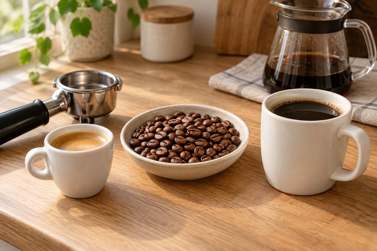 An espresso and a mug of filter coffee sit on either side of a dish of whole coffee beans.