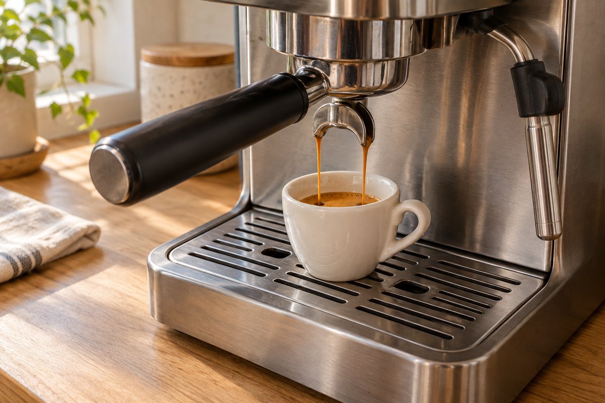 Two espresso streams flow from a double-spout portafilter into a small ceramic cup.