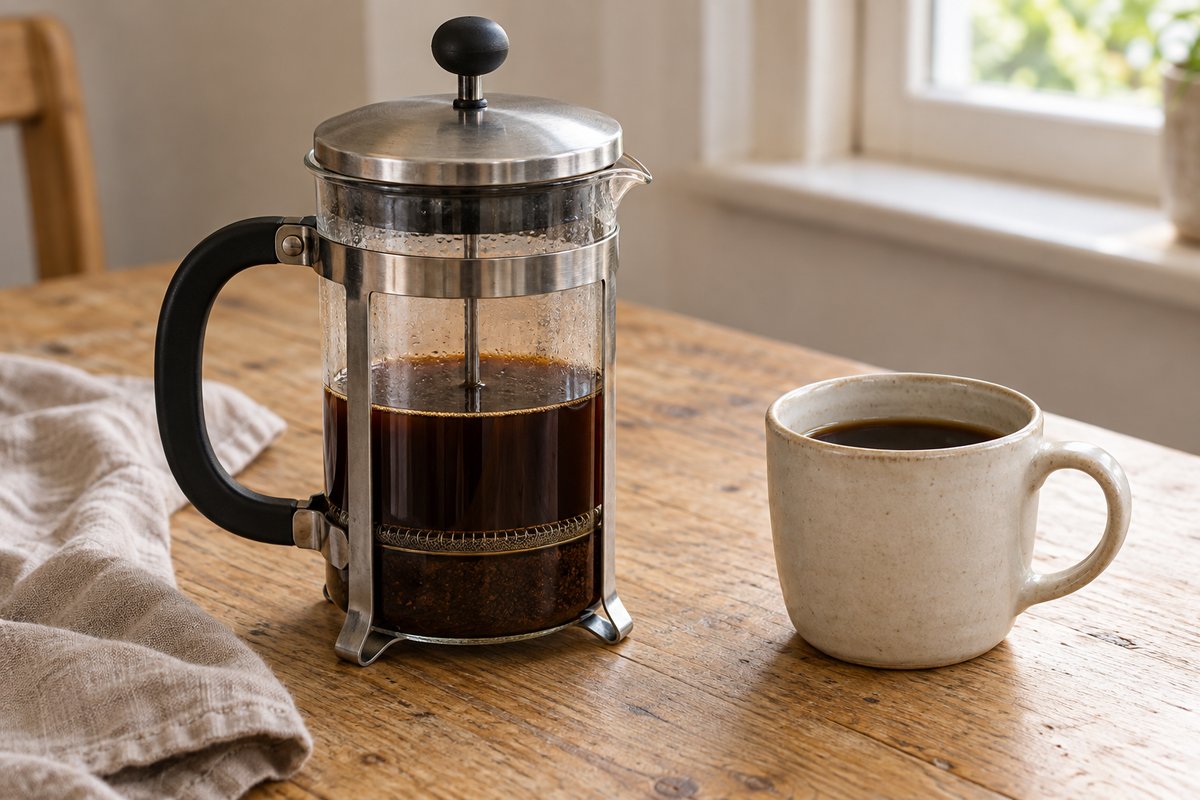 A glass French press holds brewed coffee beside a filled ceramic cup.