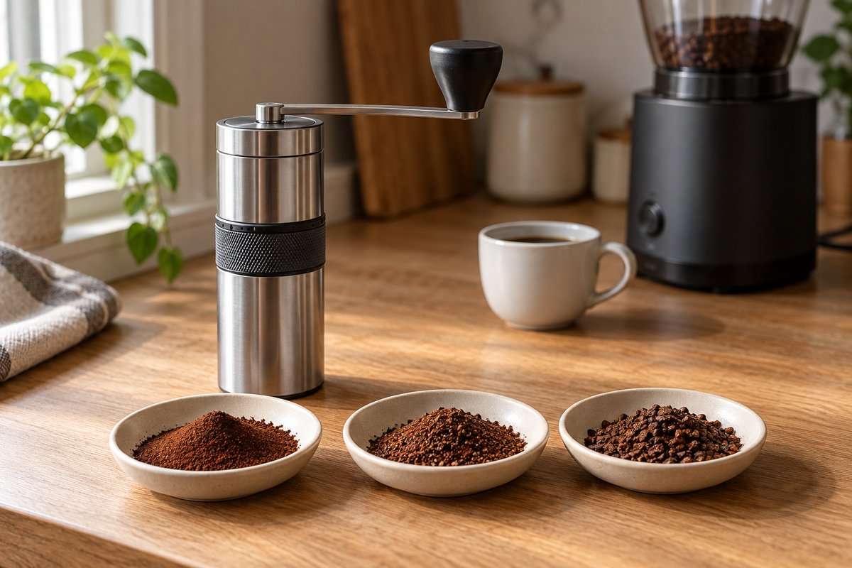 A hand grinder beside three dishes of progressively coarser coffee grounds, with an electric grinder behind.