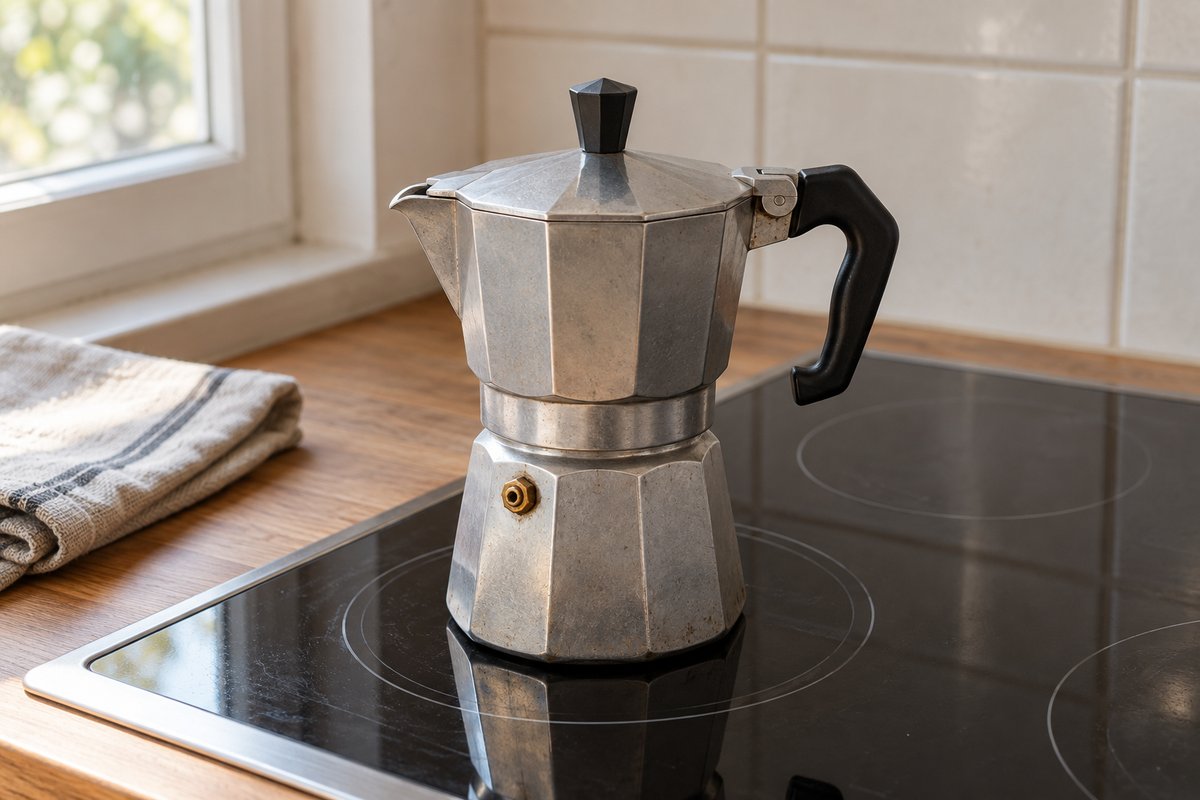 An aluminum moka pot with its lid closed stands on a glass electric cooktop.