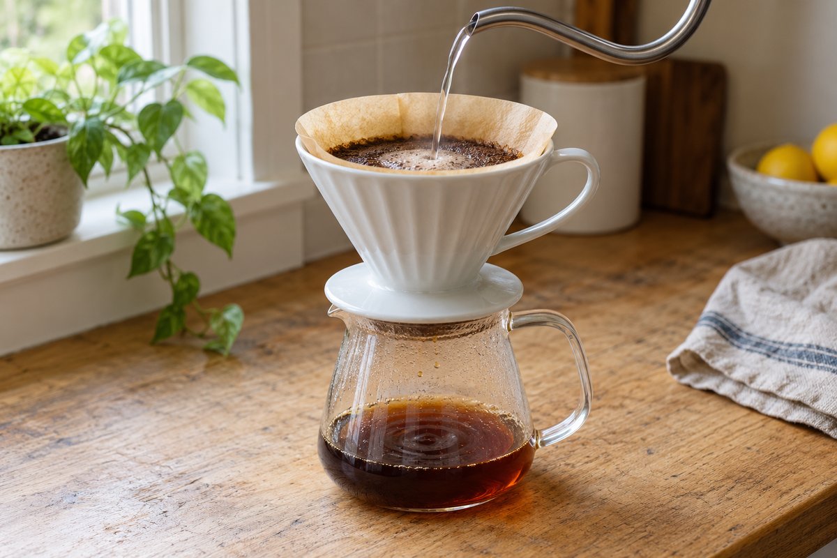 A thin kettle stream pours onto wet coffee in a paper-lined ceramic dripper above a glass carafe.